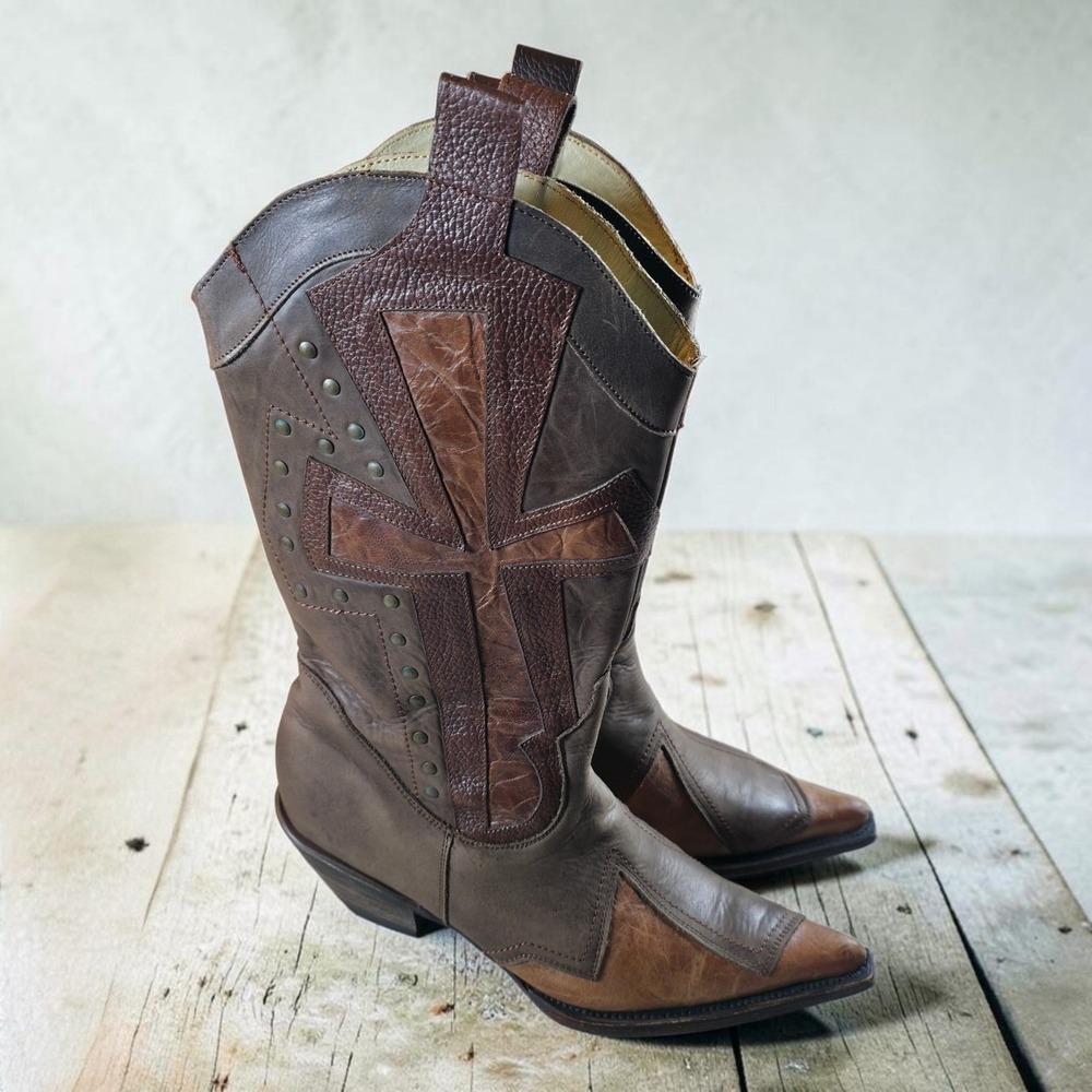 Stetson Women's 7.5 EE Brown All Leather Cross Pull On Studded Cowboy Boots